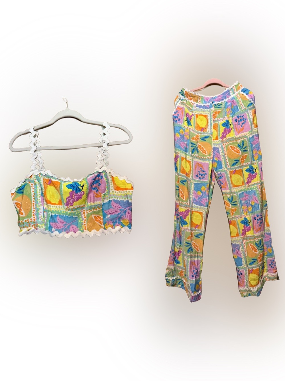 Fore’ Women’s Multicolor Patchwork Print Crop Top & Wide-Leg Pants Set Sz Large - Picture 7 of 8